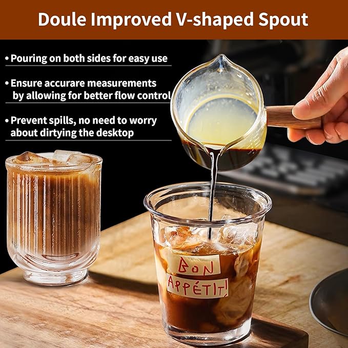 YARRAMATE 2.5 oz/75ML Espresso Cups with Wood Handle, Clear Glass Espresso Accessories, Double Spout Measuring Cup with Dual Scale, Espresso Shot Glass with V-Shaped Spout, Dishwasher Safe