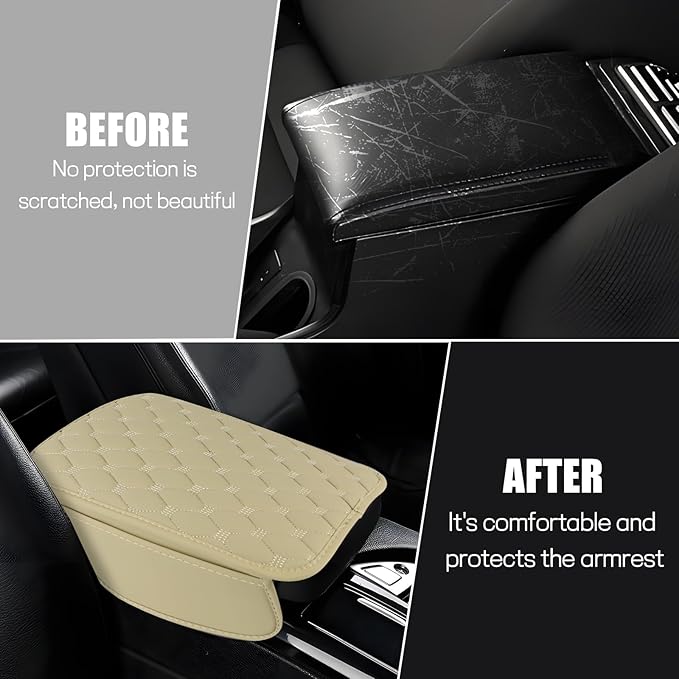 Car Center Console Cover, Leather Auto Armrest Cover Protector, Waterproof Armrest Center Console Pad with 2 Storage Bags, Universal Armrest Seat Box Pad for Vehicle SUV Truck (Beige)