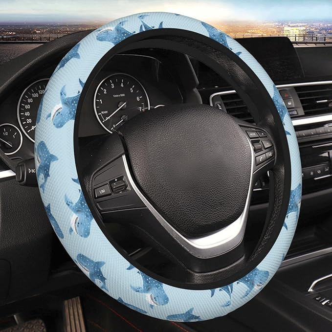 Blue Shark Steering Wheel Cover for Women Men Girls, Car Accessories Decor Thickened Anti-Slip Auto Steering Wheel Covers Protector Universal Fit 15 Inch for Cars, Truck, SUV