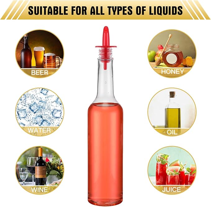 Tioncy 10 Sets 15oz Plastic Liquor Bottles with Pourers Sets 10 Plastic Long Neck Syrup Bottles with Pourer and Caps Reusable Leakproof for Home Party Bar (Multicolor)