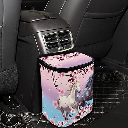 Horse Animal Car Trash Bin Bag with Pink Cherry Blossom,Hanging Auto Garbage Can Waste Storage Bag Universal Fit Most Vehicle Truck SUV,Durable and Leak Proof
