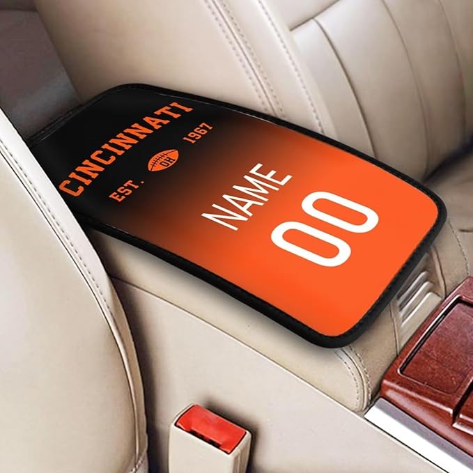 Custom Car Armrest Cover,Add Personalized Name and Number As Gifts for Loyal Football Fans,Auto Center Console Pad Car handrail Box Cushion,Fit for Most Car