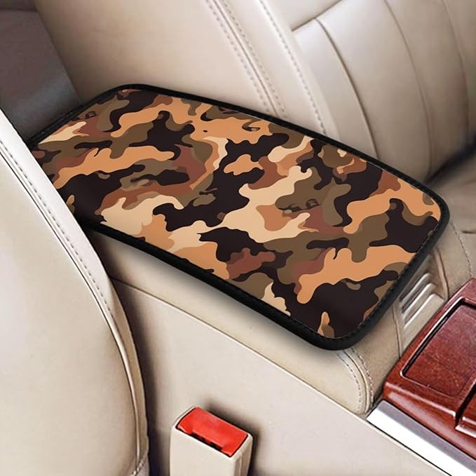 Camouflage Car Center Console Cover Brown Camo Universal Waterproof Armrest Seat Box Cushion Protector, Comfortable Car Decor Accessories Fit for Most Cars, Vehicles, SUVs