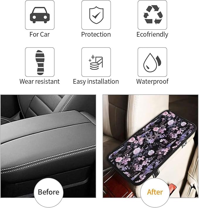 Cute Floral Car Center Console Cover Polyester Fabric Middle Console Cushion Pad Armrest Seat Box Lid Protective Covers Purple Wildflower Cars Decor Accessories