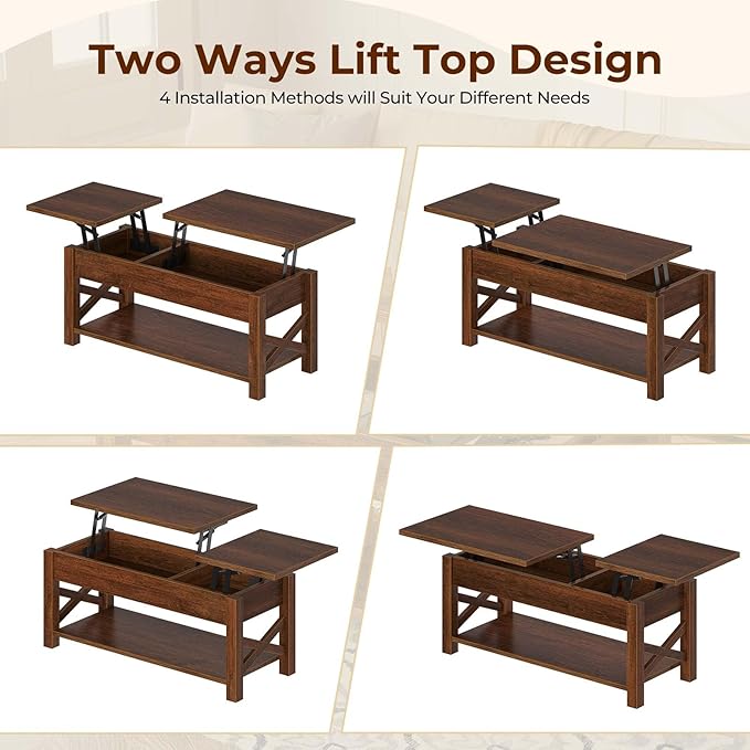 Rolanstar Coffee Table, 47.2" Lift Top with Hidden Compartment, 2 Way Lift Top Coffee Table with Open Shelf & X Wooded Support, Farmhouse Center Table for Living Room, Espresso