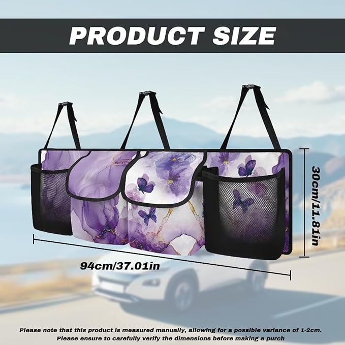 Car Trunk Organizer, Purple Butterfly Car Accessories Marble Car Organizer for SUV/Truck/MPV, Hanging Car Storage Organizer with 4 Pocekts, Frees Trunk Floor, Sturdy Space Saving Expert