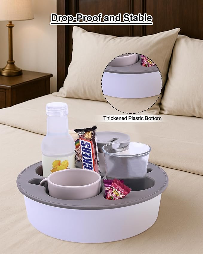 Couch Cup Holder Tray Round, 4-Cups Bedside Drink Holder for Elderly/Pregnancy, Stable Non-Spill Silicone Couch Caddy for Remote Control, Glasses‌, Snacks, Phones‌ (Black-White)