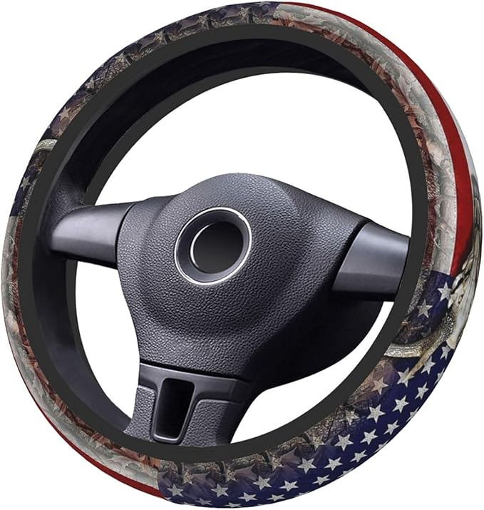 Camouflage Deer American Flag Steering Wheel Cover for Men, Anti-Slip Elastic Breathable Soft Rubber Car Steering Wheel Protective Cover, Universal 15 Inch Fit for Cars, Auto, SUVs