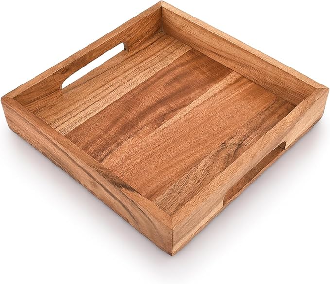 Samhita Acacia Wood Serving Tray with Handles,Wooden Serving Tray, Snack Tray, Breakfast Tray, Great for, Breakfast, Coffee |Size- 10" x 10" x 1.75"