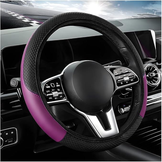 Elastic Car Steering Wheel Cover, Microfiber Leather Carbon Fiber Steering Wheel Protector with Anti-Slip Lining, Interior Accessory (Black & Purple, AD)