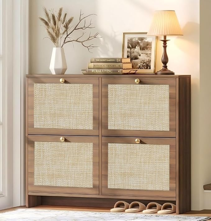 Nicetree Shoe Cabinet Storage for Entryway, 4-Flip Drawer Narrow Shoe Rack, Organic Modern Rattan Shoe Organizer with Gold Legs, Shoe Organizer Fits Men's Size 13.5, Toasted Caramel Walnut