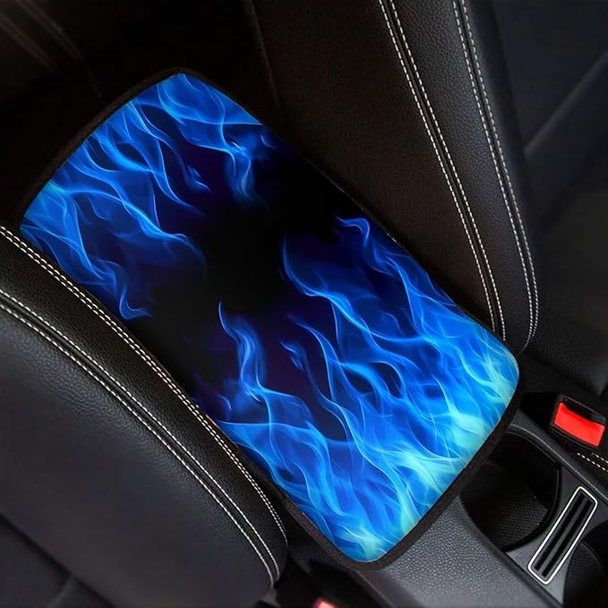 Car Middle Console Covers Non Slip Blue Flames Car Arm Rest Cushion Cover for Men Universal Auto Interior Accessories for Vehicle, SUV, Truck