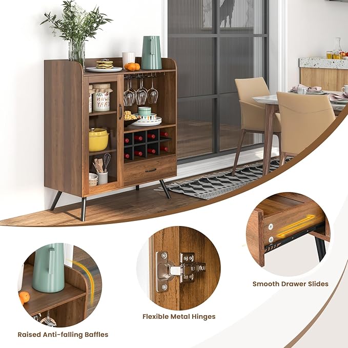 LOKO Farmhouse Coffee Bar Cabinet with Tempered Glass Door, 3-Row Glass Holder & 8-Grid Wine Rack, Buffet Sideboard with Wine Display, Rustic Brown