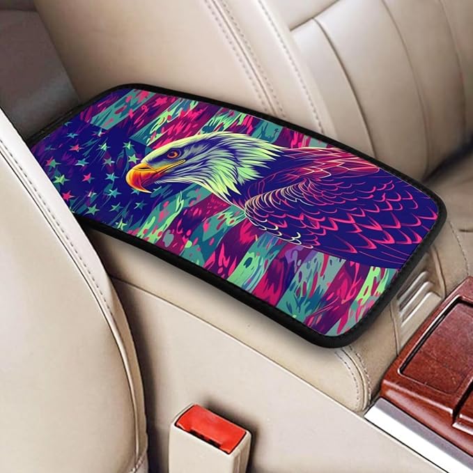 Car Center Console Cover American Flag Universal Armrest Seat Box Covers Protector, Stripe Star Blue Eagle Vintage Cars Decor Accessories Fit for Most Vehicles SUVs Sedans Vans