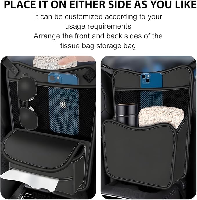 Car Organizer Storage Between Seats, Nappa Leather Large Capacity Vehicle Hanging Handbag Holder for Document Phone, Auto Interior Console Organizer Pocket, Universal Fit (Black)