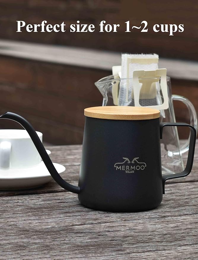MERMOO YILAN Pour Over Coffee Kettle 12oz, Gooseneck, Wooden Lid, Precision Pouring,Single Serving, Sturdy Thicken 304 Stainless Steel, Dishwasher Safe, for Home, Camping, Travel, Office（black)