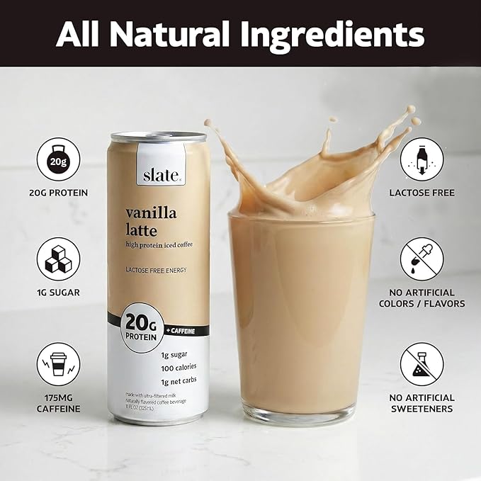 Slate Milk - High Protein Iced Coffee - Vanilla Latte - 175mg Caffeine, Lactose Free Energy - 20g Protein, 1g Sugar, 100 Calories, 1g Net Carbs, No Sugar Added - Protein Coffee - 11 fl oz, 48 Cans