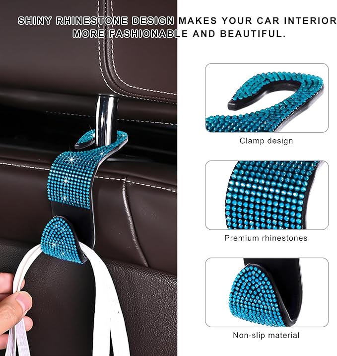 4 PCS Car Seat Headrest Hooks, Bling Crystal Rhinestone Back Seat Hanger Storage Organizer, Sparkly Seatback Holder Hooks for Purse and Bags Universal For Most Vehicles (Lake Blue)