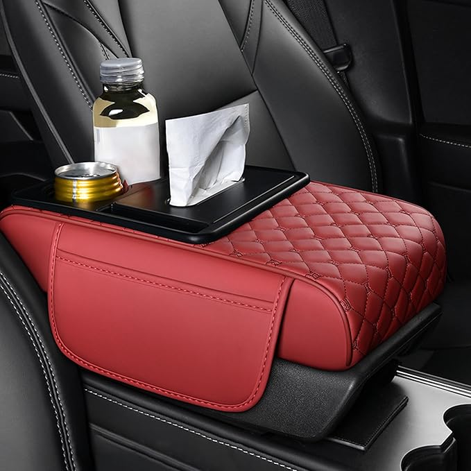 Car Center Console Cover for Toyota Crown Signia – 5-in-1 Leather Armrest Cushion Pad with 2 Storage Bags, Holds Cups, Phone, Tissues, Car Interior Accessory,C Red