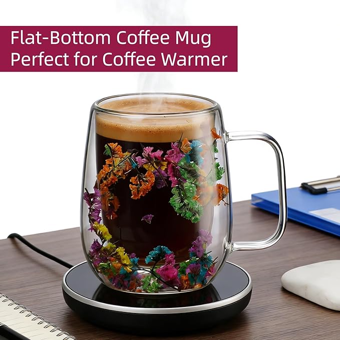 Dried Flowers Double Wall Insulated Coffee Mug, Borosilicate Glass Tea Cup with Real Flower Embedded, Heat Resistant Handle for Valentine's Day Birthday Gifts (pink,13.19oz)