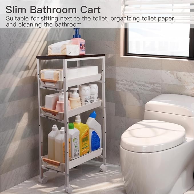 5 Tier Slim Rolling Storage Cart with Wood Top, Narrow Laundry Room Organizer for Tight Gaps, Metal Bathroom Gap Filler, Kitchen Pantry Trolley, Small Spaces (White)