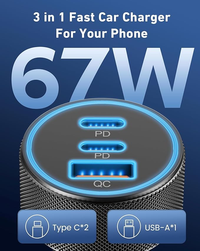 67W Car Charger Super Fast Charging Cigarette Lighter USB Phone Accessories Charger Voltmeter Adapter with QC USB c Type c PD Universal Quick Charge Multi 4 Port for 12-24v Car Cigarette Lighter Plug