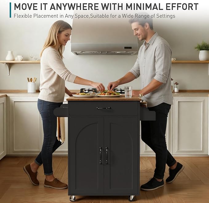 Kitchen Island Cart, Small Kitchen Island with Storage Cabinet and Drawer, Rolling Kitchen Cart on Wheels with Spice Rack and Towel Rack, for Kitchen, Dining Room, Black and Rustic Brown
