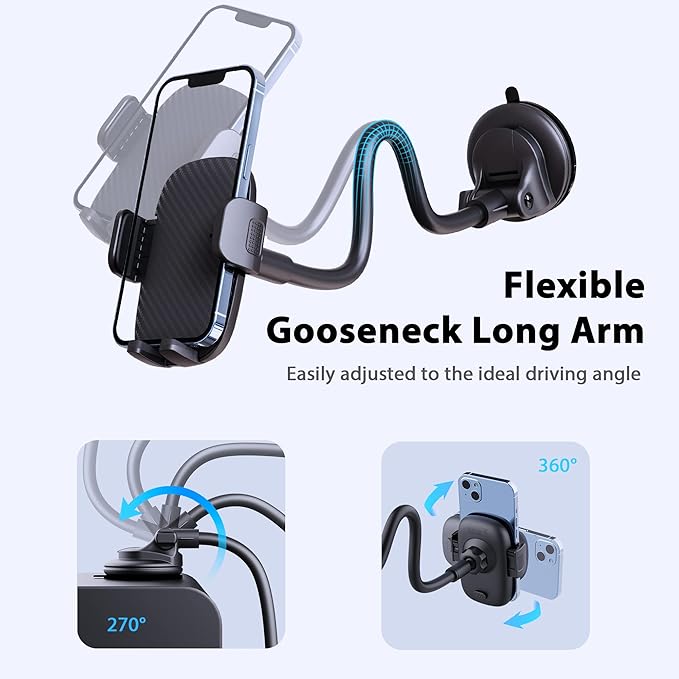 Qifutan Phone Holder - 14-Inch Long Arm Windshield Car Cell Phone Holder Anti-Shake Stabilizer Automobile Mount for iPhone Android Smartphones