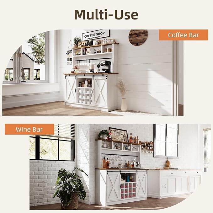 4ever2buy Farmhouse Coffee Bar Cabinet with 4 Storage Hutch, 55 Inch Wine Bar with 12 Wine Racks and 8 Hooks, Hutch Storage Cabinet with Sliding Barn Doors for Kitchen Dining Living Room, White