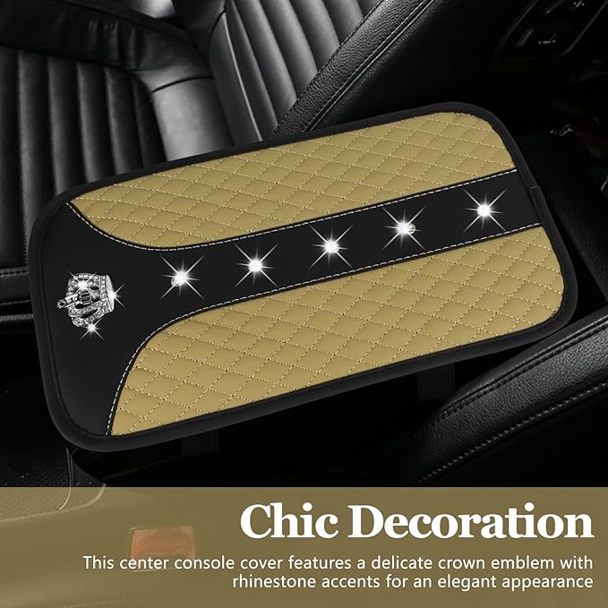 Bling Crown Car Center Console Cover, 12.7"×7.7" Armrest Cover for Cars, Waterproof Leather Arm Rest Box Pad Cushion, Universal Middle Console Cover Protector, Car Accessories (Beige)