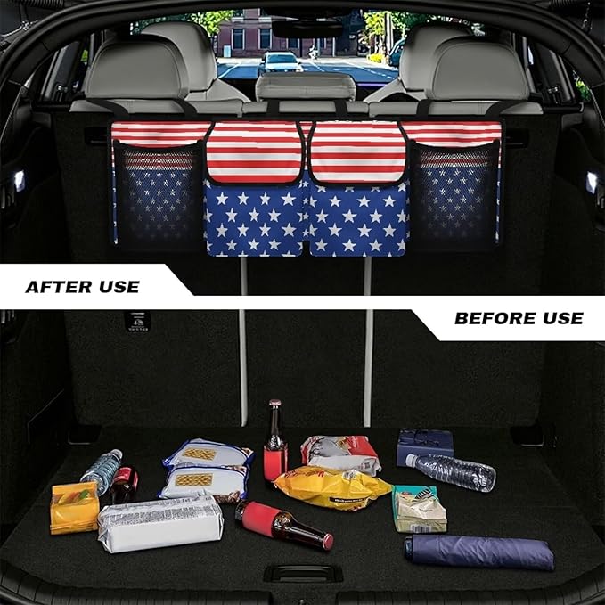 American Flag Car Trunk Organizer, Backseat Hanging Large Storage with Adjustable Straps & 4 Pockets, Waterproof Collapsible Cargo Bag, Car Interior Accessories for SUV, Truck, Van