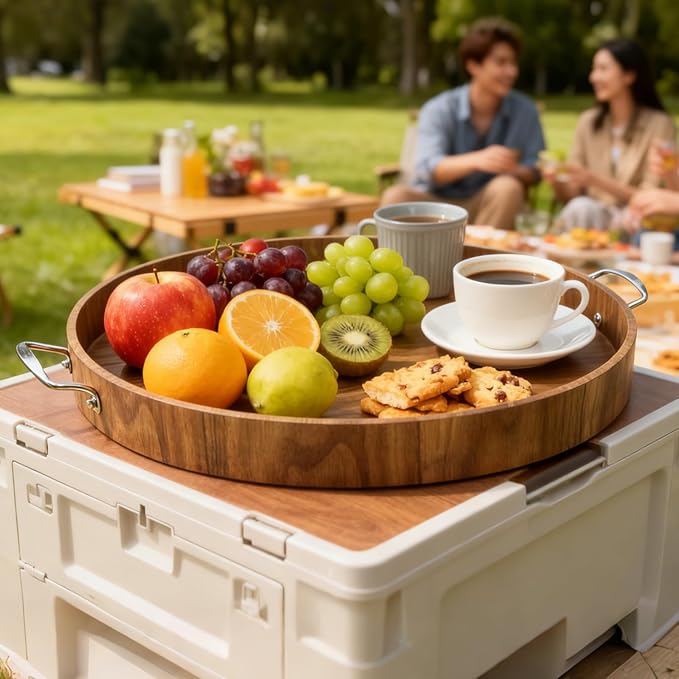 Large Round Tray 20" Round Wooden Tray Ottoman Tray with Handles Elegance and Easy to Pick Up, Tray for Ottoman Wood Serving Tray Decorative Trays for Daily Use and Party with Friends and Family