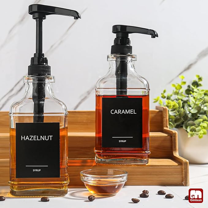 GMISUN Coffee Syrup Dispenser, 16.9 fl oz Syrup Pump Dispenser for Coffee Bar Accessories, Square Glass Syrup Bottle for Coffee Bar Essentials, Simple Maple Syrup Bottles with ¼oz Large Capacity Pump