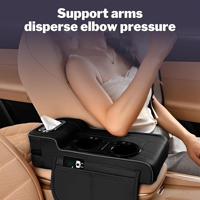 LAFANDE Car Armrest Cushion | Heightening Pad Arm Rest for Car, Center Console Cover with Storage Bags Cup Holder, Tissue Box Slot, Easy to Install and Clean