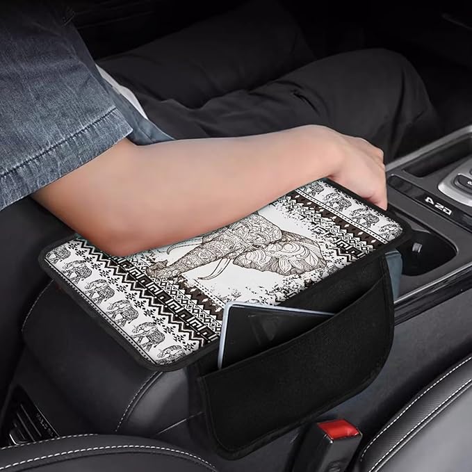 BIGCARJOB Boho Elephant Print Armrest Cover Cushion with Side Pockets Universal Middle Console Cover Vintage Elephant Print Center Console Organizer Bag Armrest Pads