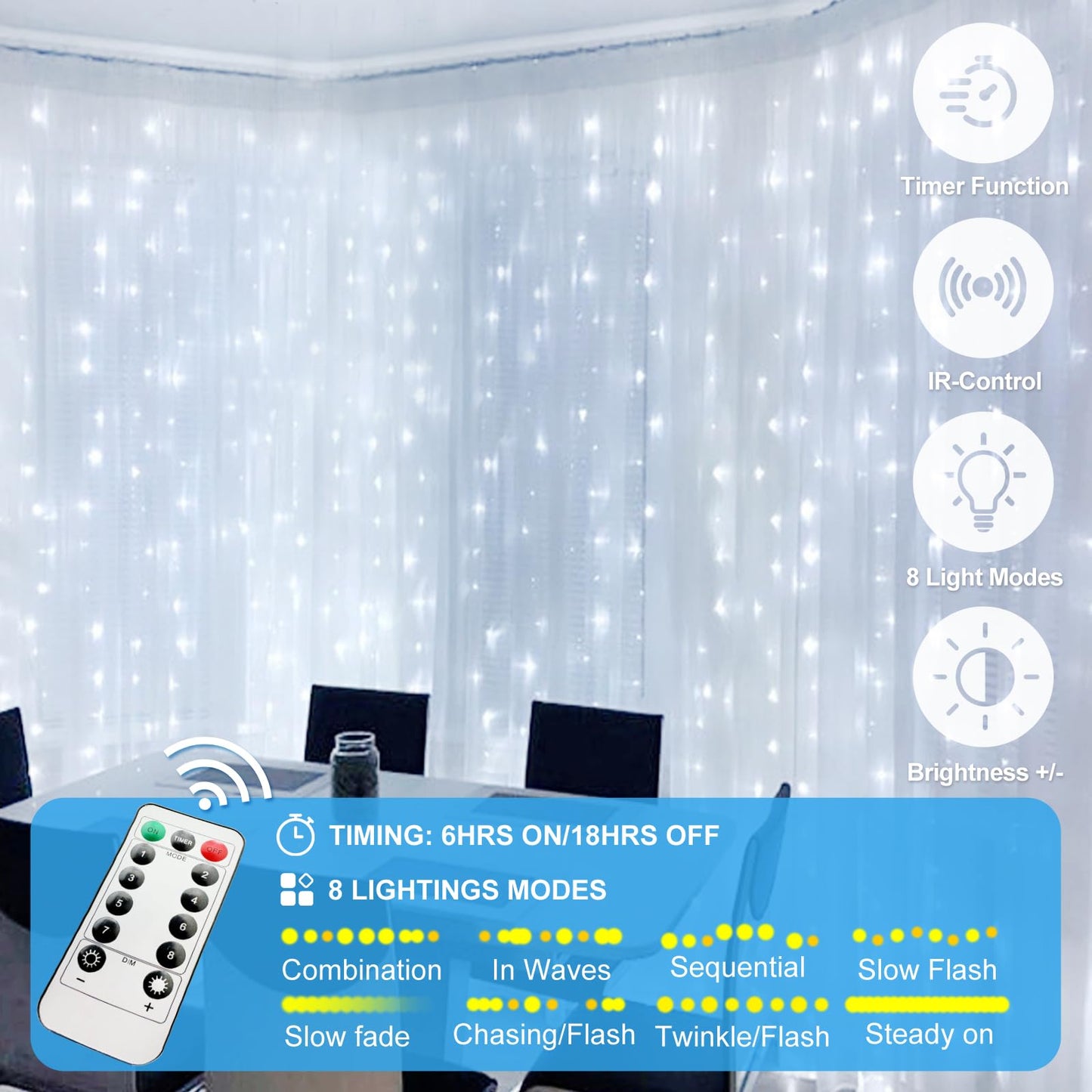 HOLITS 200 LED Fairy Curtain Lights, Warm White, 6.6 x 6.6 FT, USB Plug, Remote, Indoor/Outdoor, Model DIDCL01B-10