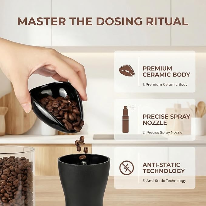 Ceramic Coffee Bean Dosing Cup and Spray Bottle Set, Espresso Bean Measuring Cup with Anti-Static RDT Sprayer Kit for Home Barista and Coffee Lovers