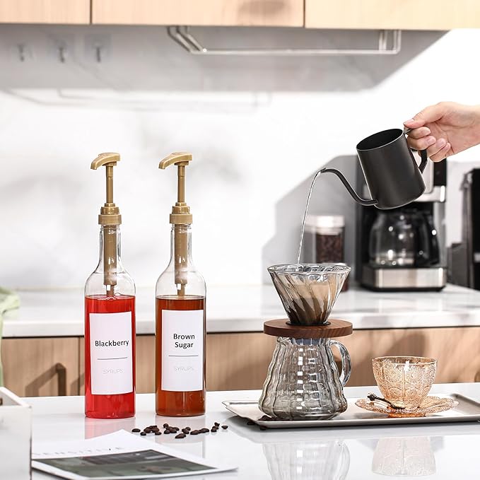 Bokon Coffee Syrup Dispenser 25.4 oz 750 ml Drinking Syrup Pump Bottles with Comprehensive Label Set and Funnel for Coffee Bar Accessories Essentials(Gold,4 Pcs)