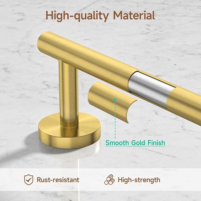USHOWER Brushed Gold Bathroom Accessories Set, 24-Inch Towel Bar Set Wall Mounted, Durable SUS304 Stainless Steel Bathroom Hardware Set, 8-Piece