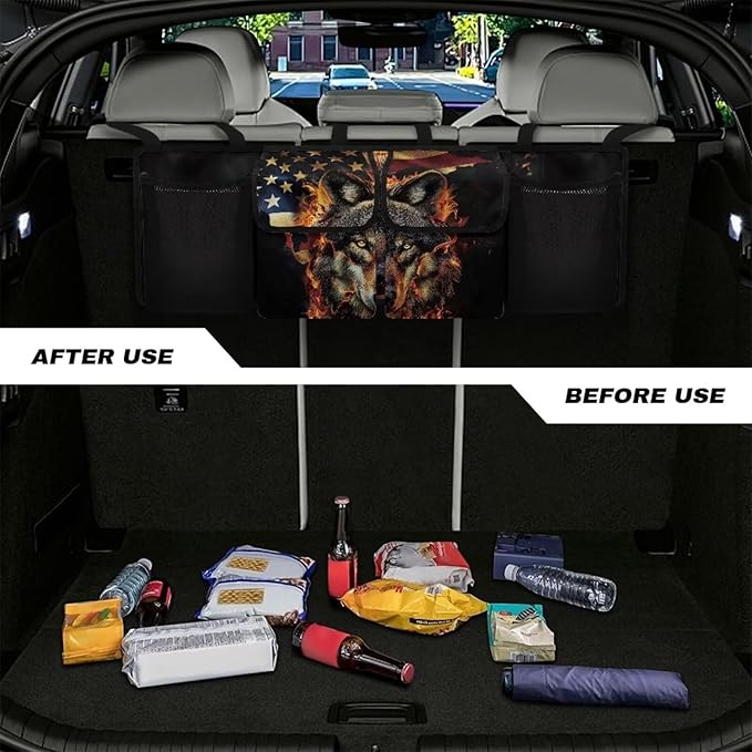 American Flag Wolf Car Trunk Organizer and Storage, Backseat Hanging Organizer for SUV, Truck, Waterproof Cargo Storage Bag with 4 Pockets, Car Interior Accessories for Men Women