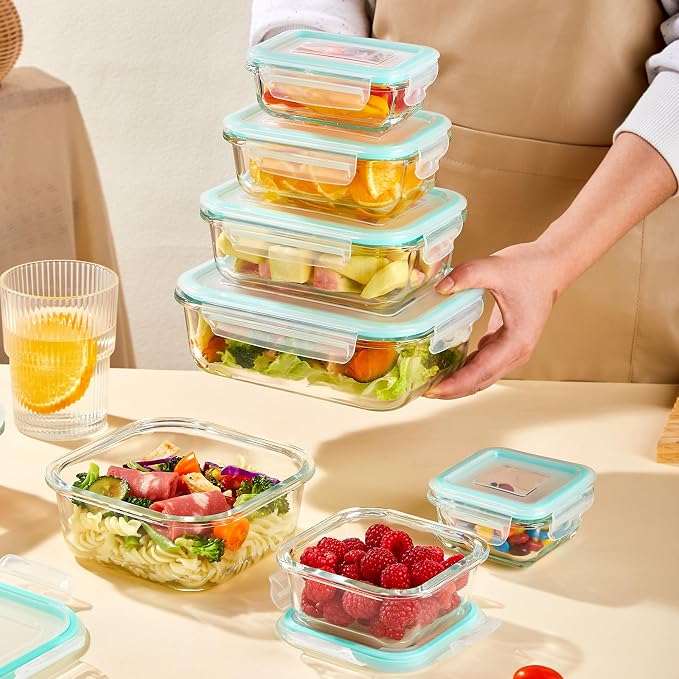 YUNCANG 8 Pack Glass Food Storage Containers with Lids, 5oz to 35oz Meal Prep Containers, Airtight Bento Boxes with Leak Proof Locking for Microwave, Oven, Freezer and Dishwasher, BPA Free