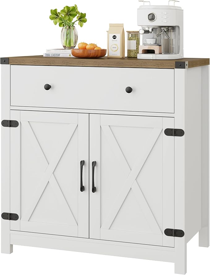 Coffee Bar Kitchen Storage Cabinet,Sideboard Buffet with Storage,Farmhouse Bar Door Kitchen Cabinet with Drawer and Adjustable Shlef, White,(13.8" D x 31.5" W x 34.65" H inch