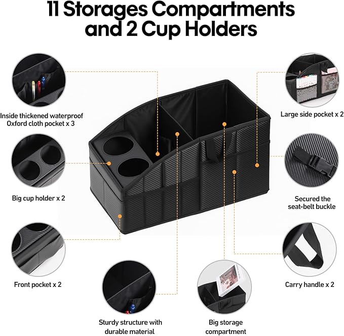 Car Seat Organizer,Premium PU Leather Backseat Car Organizer Keep Tidy,Car Storage with 11 Storage Compartments and 2 Large Size Cup Holders,Passenger Seat Organizer for kids (Carbon fiber texture)