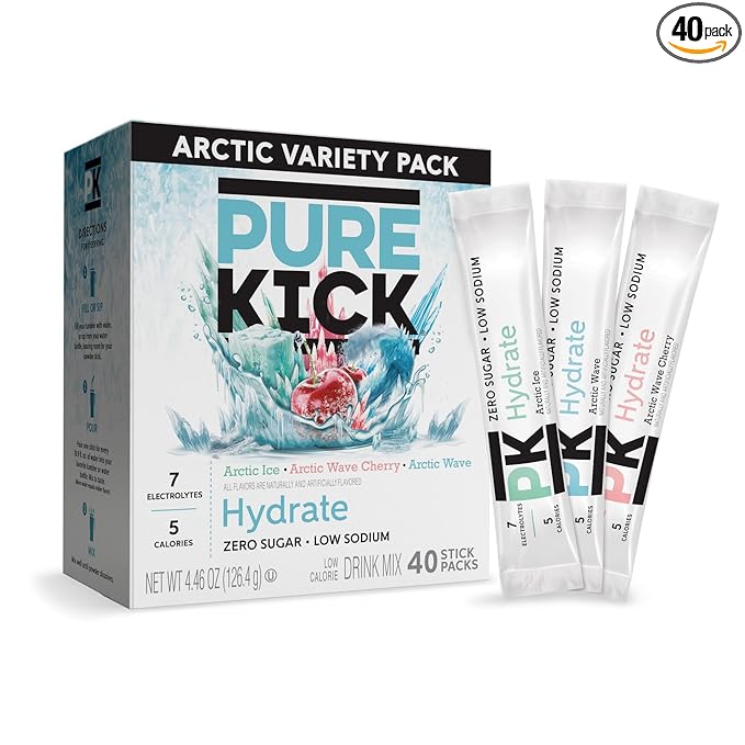 Pure Kick Arctic Variety pack Singles to Go Powdered Drink Mix, Arctic Wave, Arctic Wave Cherry, Arctic Ice, 40 Count Packets