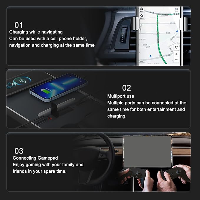 Car USB Hub Charger for T.esla Model.Y (2021-2024) and Model.3 (2021-2023) - Multi Port Retractable Docking Station with Fast Charging Cable for Center Console