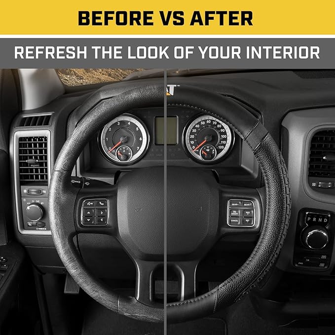 Caterpillar Car Steering Wheel Cover, Large 16 inch Size, Tire Tread Inspired Traction Grip Design, Black Steering Wheel Cover for Car Auto Truck Van SUV Bundle