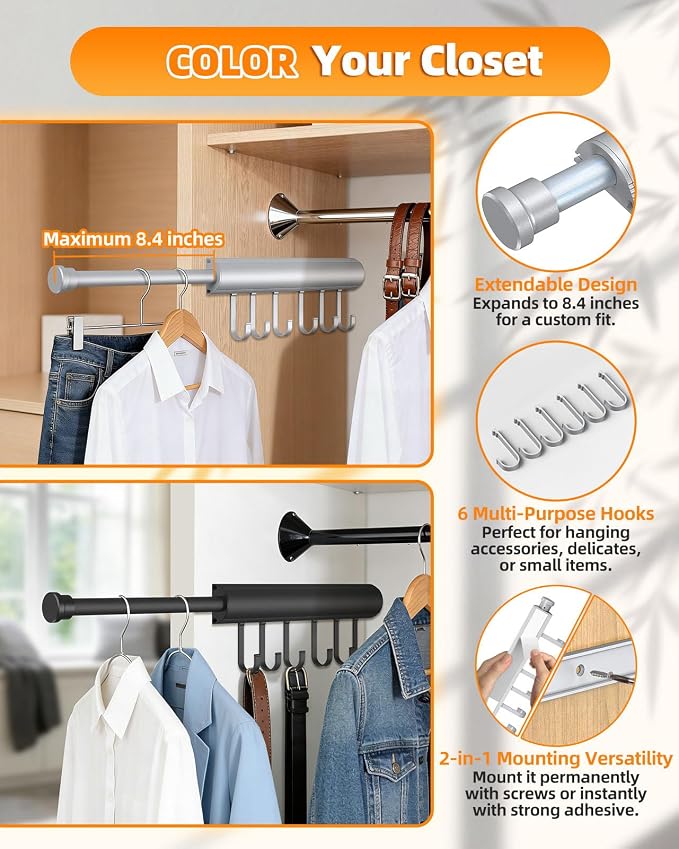 12 inch Valet Rod for Closets Pull Out, Closet Rods Extenders for Hanging Clothes Telescoping Adjustable With 6 Hooks (Silver, 12 Inch-1 Pack)