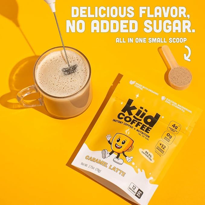 Kiid Coffee - 99.9% Caffeine-Free Organic Coffee for Kids - As Seen on Shark Tank - 12 Vitamins & Minerals, 4g Prebiotics, 0g Sugar - Non-GMO & Gluten-Free - Healthy Snack - Caramel - 30 Servings