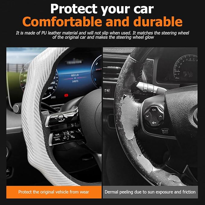 Carbon Fiber Car Steering Wheel Cover, Leather Non-Slip Vehicle Steering Wheel Cover for 14.5-15 Inch, Comfortable Auto Interior Protector Decoration Accessories, Universal Fit(White)