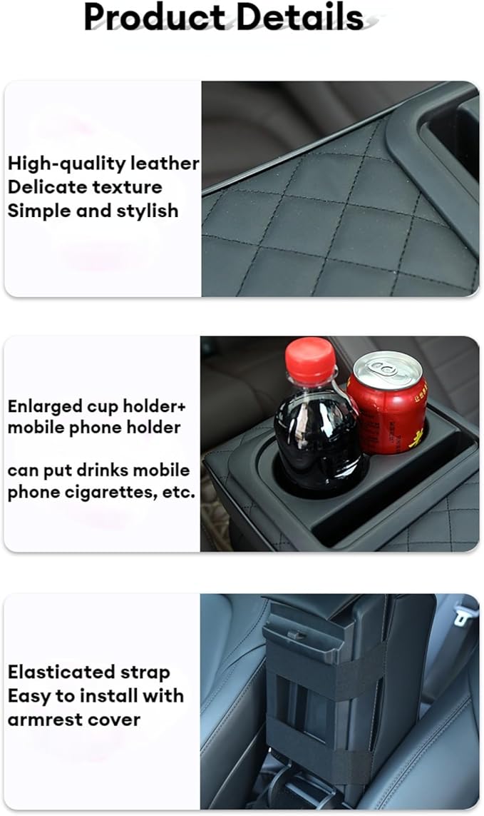 Center Console Cover Car Armrest Box Pad Leather Arm Rest Cushion with Cup Holder Mobile Phone Storage Armrest Protection Pad for Car (Grid Grey, 13.58 * 8.07 * 2.95 inch)
